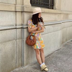 Faithfull the Brand Daphne Floral Mini Dress Size 6 Orange Multi Fit Flare New
